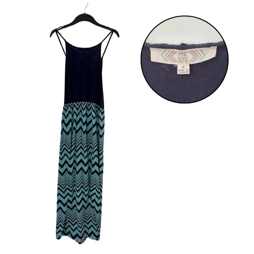 Pink Rose Women’s Maxi Dress L Black Turquoise Sleeveless Casual Boho